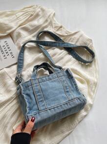 KVKY 1قطعة حقيبة كتف جينز صغيرة أنيقة، زخرفة رقعة حرفية، حقيبة كتف قابلة للتحويل، حقيبة كروس نسائية خفيفة الوزن متعددة الاستخدامات