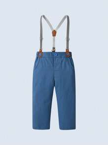 BOARNSEORL 2 件套男婴绅士装，长袖随机印花衬衫，带蝴蝶结和吊带裤，时尚，适合生日派对、婚礼、洗礼、1 岁生日 - 藍色 - 查看 4