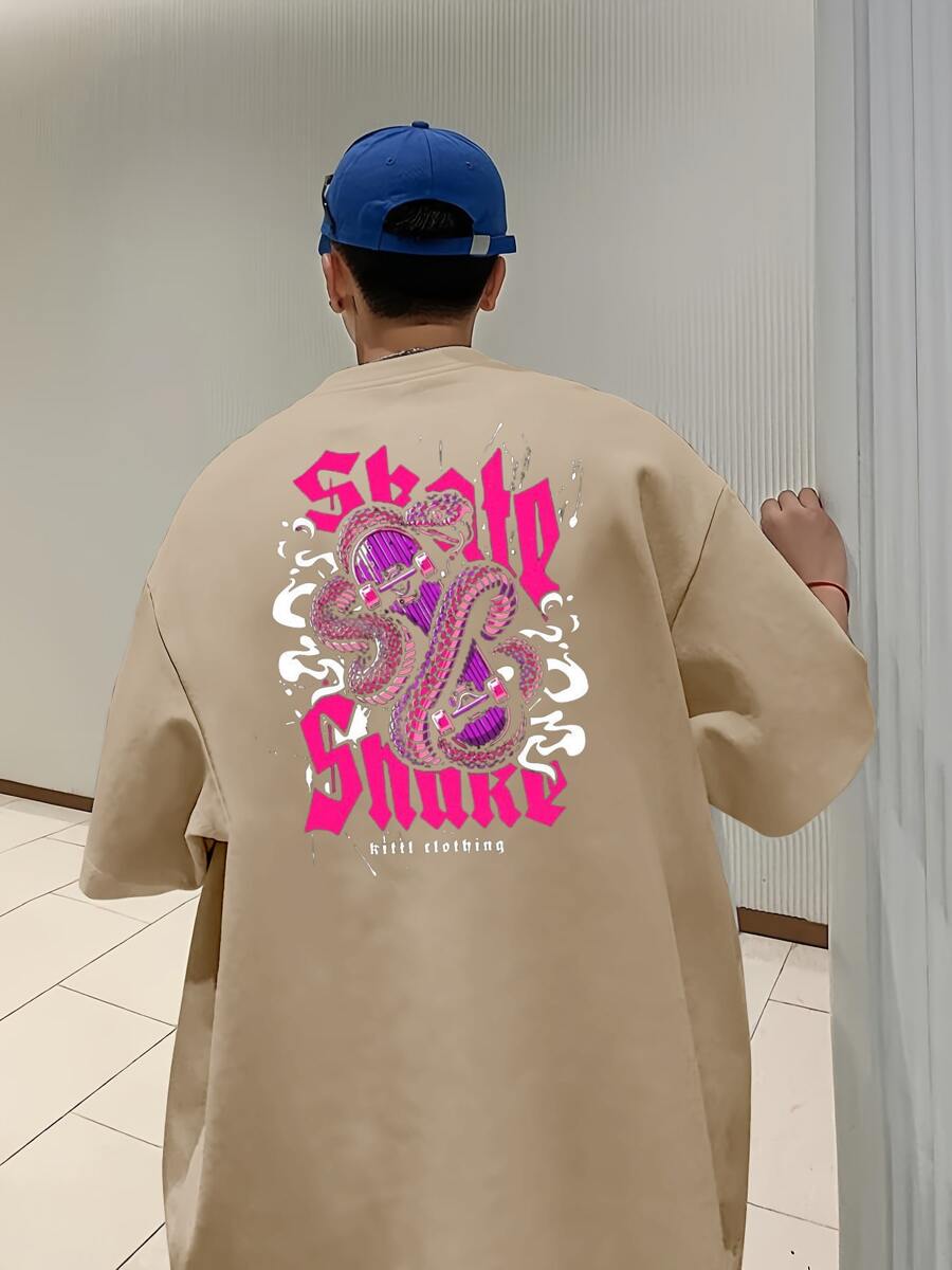 Men's Oversize T-Shirt Skateboard Snake Style Streetwear T-Shirt Premium Oversized Shirt - 卡其色 - 查看 1