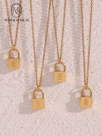MamacitaSlay 1pc Fashionable Stainless Steel Letter Detail Lock Charm Necklace For Women For Daily Decoration