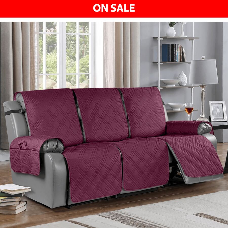 1/2/3 Seat Waterproof Recliner Sofa Cover, Non Slip Recliner Chair Covers, Washable Reclining Couch Cover Outdoor Cushion Covers Garden Furniture Protector With Elastic Straps Pocket For Pets, Cats, Dogs Burgundy - 酒紅色 - 查看 1