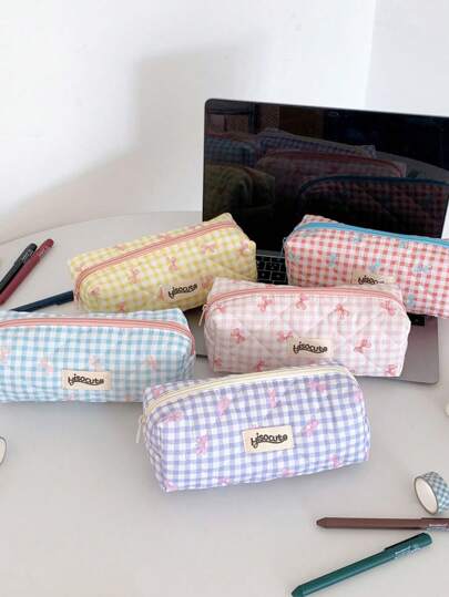 1 pezzo Astuccio per matite carino con fiocco e motivo a quadri, stile fresco, design coreano, articoli per il ritorno a scuola, forniture scolastiche, astuccio per matite, borsa per la scuola, articoli di cartoleria