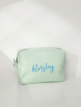 Personalized Embroidered Seersucker Makeup Bag, Letter Print Toiletry Bag, Embroidered Makeup Bag, Bridesmaid Makeup Bag, Bridesmaid Gift, Gift For Women, Personalized, Customized, Ideal Gift For Her, Girlfriend, Her, Boyfriend, Friend, Basic, Casual, Soft, Travel Makeup Bag,Chic Autumn,Look Glamour,New Year Glamour
