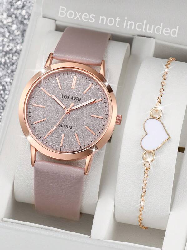 2pcs/Set Women's Casual Faux Leather Quartz Wristwatch & Heart Shape Bracelet Valentines