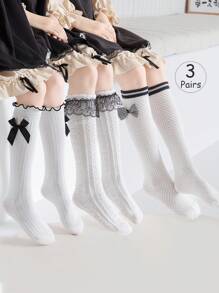 3 Pairs Girls Knee High Socks, Solid White, Striped, Double Stripes, Big Lace Trim, Small Lace Trim, Ruffled, Bowknot, Straight Leg Styles, Cute Princess College Style Socks For Spring, Autumn, Suitable For Daily Lace Socks, Party Princess Socks, Holidays, Back To School Season, Delicate And Adorable Versatile, Can Be Paired With Leather Shoes, Sneakers, Loafers, Back To School, Students, New Semester, College