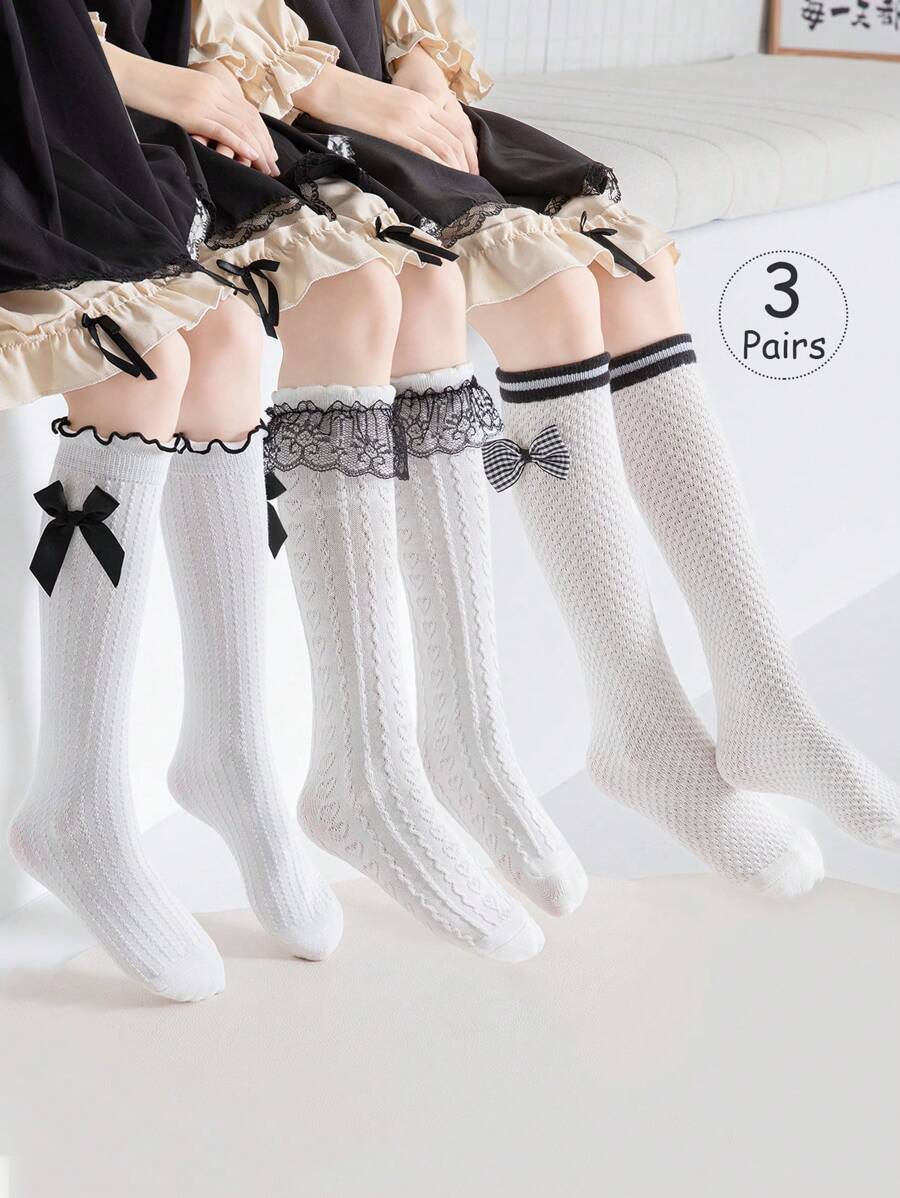 3 Pairs Girls Knee High Socks, Solid White, Striped, Double Stripes, Big Lace Trim, Small Lace Trim, Ruffled, Bowknot, Straight Leg Styles, Cute Princess College Style Socks For Spring, Autumn, Suitable For Daily Lace Socks, Party Princess Socks, Holidays, Back To School Season, Delicate And Adorable Versatile, Can Be Paired With Leather Shoes, Sneakers, Loafers, Back To School, Students, New Semester, College