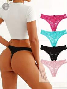 4pcs/Set Women's Sexy Solid Color Lace Thong Panties Lingerie, Low Rise