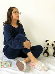 Conjunto de pijama para el hogar afelpada - Azul Marino - Ver 3