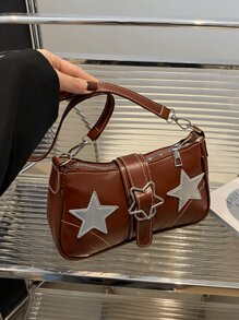 女士新款时尚双星图案贴片单肩包，时尚 PU 皮革户外旅行度假腋下包，婚礼派对舞会多功能宴会晚宴包，大容量日常通勤手机零钱包 - 鏽棕色 - 查看 7
