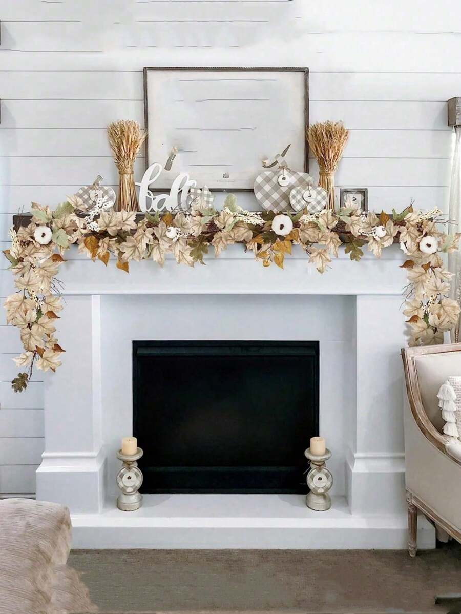 2PCS Fall Decor,Fall Garland, 6Ft Thanksgiving Maples Leaf Pumpkin Berry Garland - Mantle Fireplace Autumn Halloween Farmhouse Harvest Decorations For Home Outdoor Indoor Porch - Beige - View 1