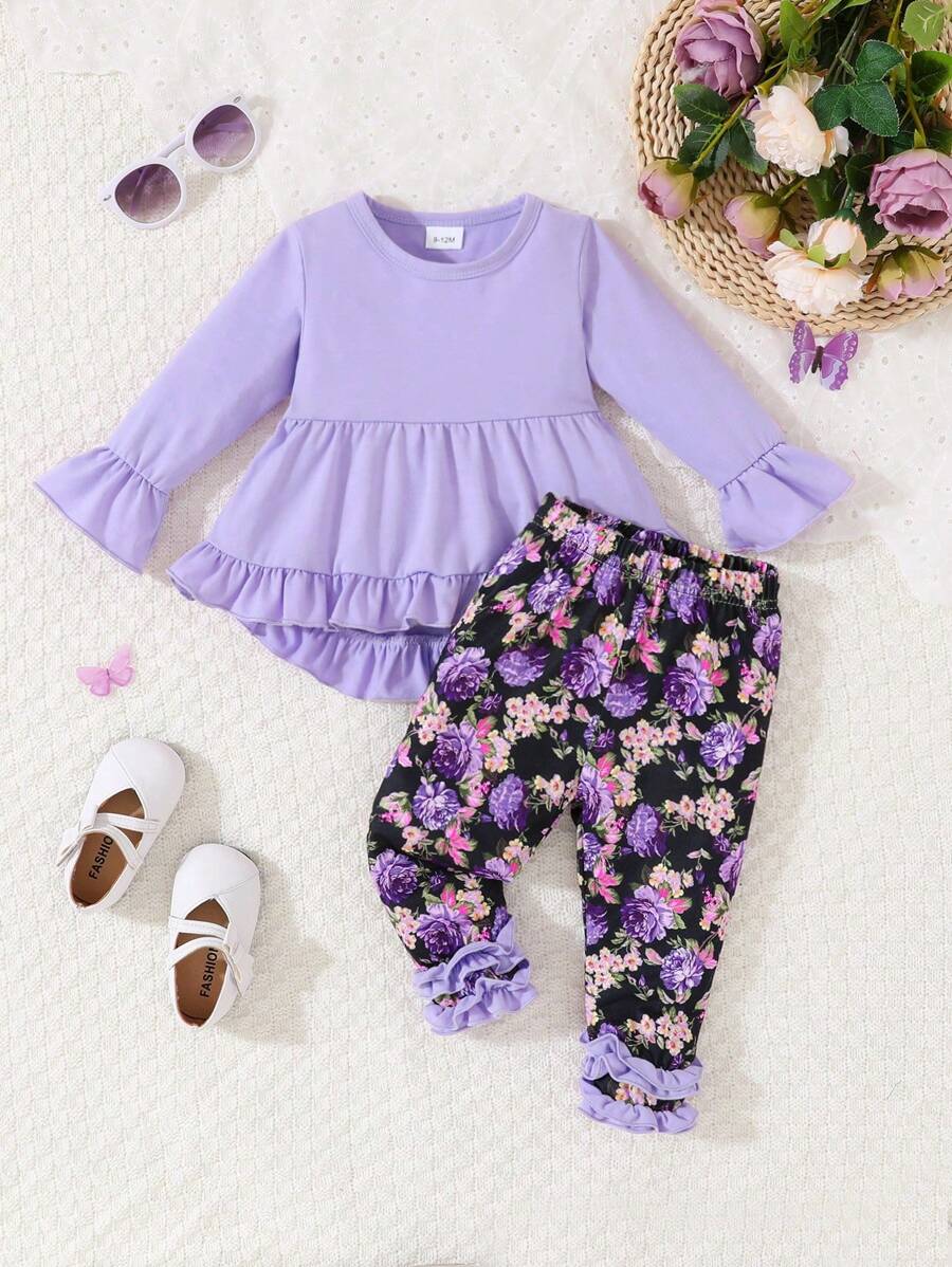 女婴紫色喇叭袖彼得潘领上衣和花朵印花裤，秋冬 - 紫色 - 查看 1