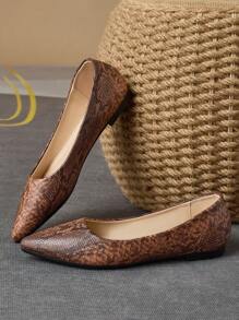 Zapatos planos con punta puntiaguda y slip-on para mujer, con estampado de piel de serpiente de color marrón óxido, casual para uso diario y al aire libre en primavera, verano y otoño