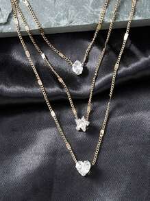 1 件时尚女士多层复古星星、心形、水滴吊坠项链情人节、妈妈、母亲、母亲节、礼物 - 金黃色 - 查看 3