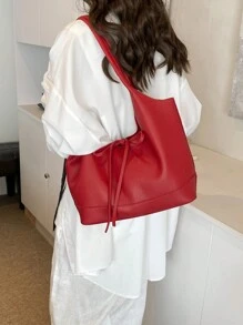 2 件时尚休闲风格纯色带内袋大容量顶部手柄手提包、内袋、化妆包、斜挎包，适合大学/学院教室/通勤/工作/办公室/节日/度假/假日/派对/旅行，适合女性、新手和白领、女孩、大学生、年轻女孩 - 酒紅色 - 查看 6