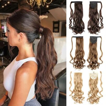 22 بوصة إمتداد ذيل حصان مجعد موجي بني طويل، ذيل حصان ملحق بمشبك للنساء والفتيات، من ألياف تركيبية مقاومة