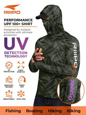 RIIIPO Spring And Summer Men's UPF 100+ Sun Protection Shirt With UV Detection Technology, Performance Fishing Shirt, Active Sweat Wicking, Rapid Drying, Breathable, 4-Way Stretch, Light Weight, Wrinkle Resistant, Extended Long Sleeves, Outdoor Sports Rash Guard With Hoodie, Foldable And Windproof Gaiter, Thumb-Holes, Built-In Microfiber Lens Cleaner, Suitable For Beach, Boating, Hiking, Hunting, Water Sports