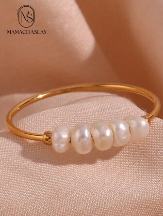 MamacitaSlay 1pc Fashionable Minimalist Stainless Steel Gold-Plated Ring Band With Small Freshwater Pearl Detail