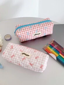 1 pieza Estuche de lápices con lazo y estampado a cuadros, estilo fresco, diseño coreano de vuelta a la escuela, útiles escolares, estuche de lápices, mochila escolar