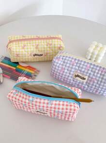 1 pieza Estuche de lápices con lazo y estampado a cuadros, estilo fresco, diseño coreano de vuelta a la escuela, útiles escolares, estuche de lápices, mochila escolar