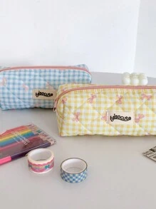 1 pieza Estuche de lápices con lazo y estampado a cuadros, estilo fresco, diseño coreano de vuelta a la escuela, útiles escolares, estuche de lápices, mochila escolar
