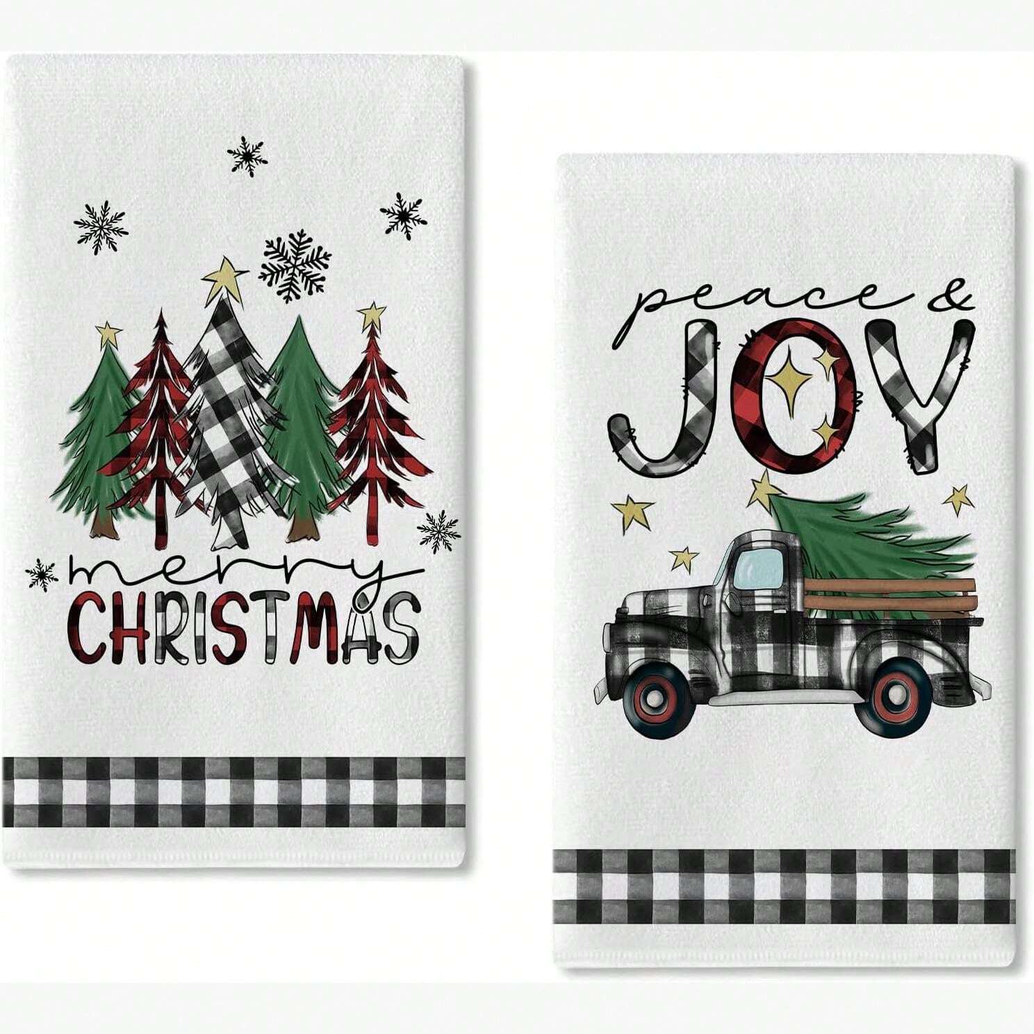 2pcs Merry Christmas Trees Truck Decorative Kitchen Dish Towel Buffalo