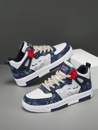 Men's Fashionable Front Tie Random Print High Top Casual Sports Sneakers, Street-Style Flat Walking Shoes For Teens And Couples Valentines