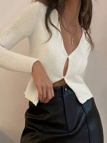 Fall Winter Fashion New Arrival Women French Style Pullover Sweater, Hollow Out, Back To School, American Long Shirt, Fashion , Teacher Uniform, Slim Fit, 70s Sweater, Solid Knit, Autumn Blouse Vintage, Warm, V-Neck, Commute, Minimalist, Teacher Sweater, V-Neck, Office Wear, Retro, Simplistic, French, Sexy Women Long Sleeve Knit Top, Suitable For Street Outerwear