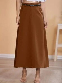 We Store Long Monochromatic Tailored Skirt With Black Belt/Button Details/Stripped/Trend/Look/Everyday/Summer/Elegant/Casual/Stylish/2024 Collection - Cà phê nâu - Xem 3