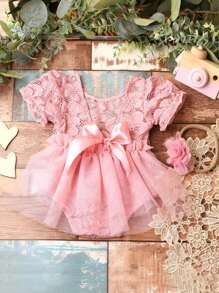 2 件新生儿蕾丝蝴蝶结连体衣，带头带，摄影道具，婴儿洗澡复活节礼物，适合女孩/男孩 - 彩色 - 查看 5