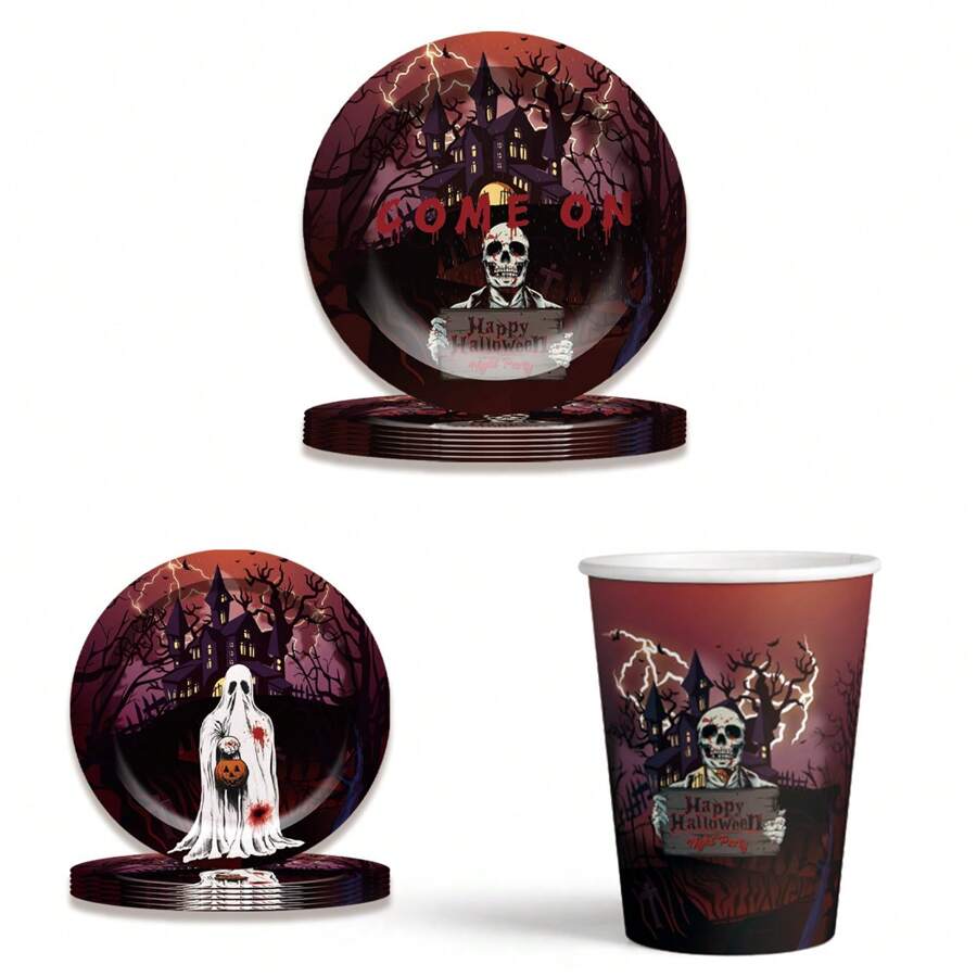 Conjunto de 60 talheres para festa de Halloween, pratos fantasma, copos de papel com esqueleto, pratos de papel com tema de casa mal-assombrada - Borgonha - Ver 1