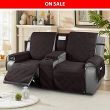Waterproof Recliner Loveseat Couch Covers With Center Console, Reclining 2 Seater Chair Cover Sofa CoverFurniture Protector With Elastic Straps Pocket Coffee Brown - 咖啡棕 - 查看 1