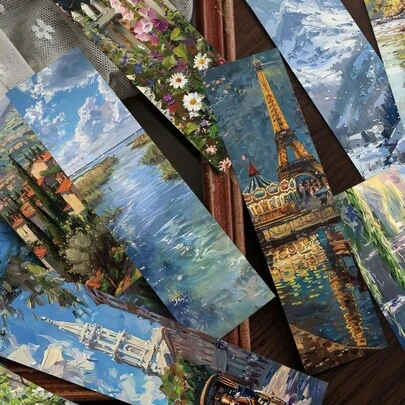 30pcs/Pack Oil Painting Landscape Style Paper Bookmarks, Multifunctional Reading Markers For DIY Decor Back To School
