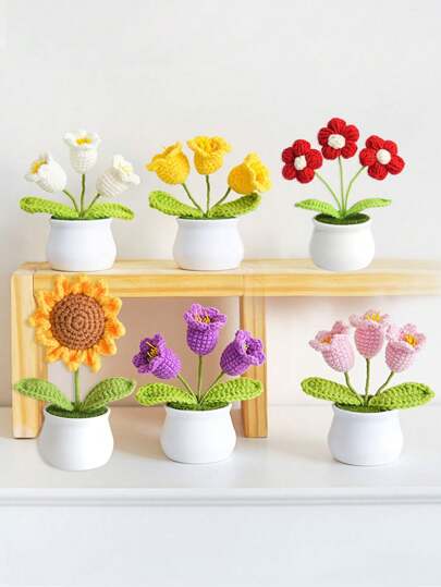 1pc Artificial Tulip Sunflower,Crochet Sunflower Pot,Mini Crochet Potted Sunflower,Tulip Potted Crochet Plants,Woolen Flower Potted Plant Decor,Finished Hand Woven Artificial Flowers Eternal Sunflower Pot Decoration