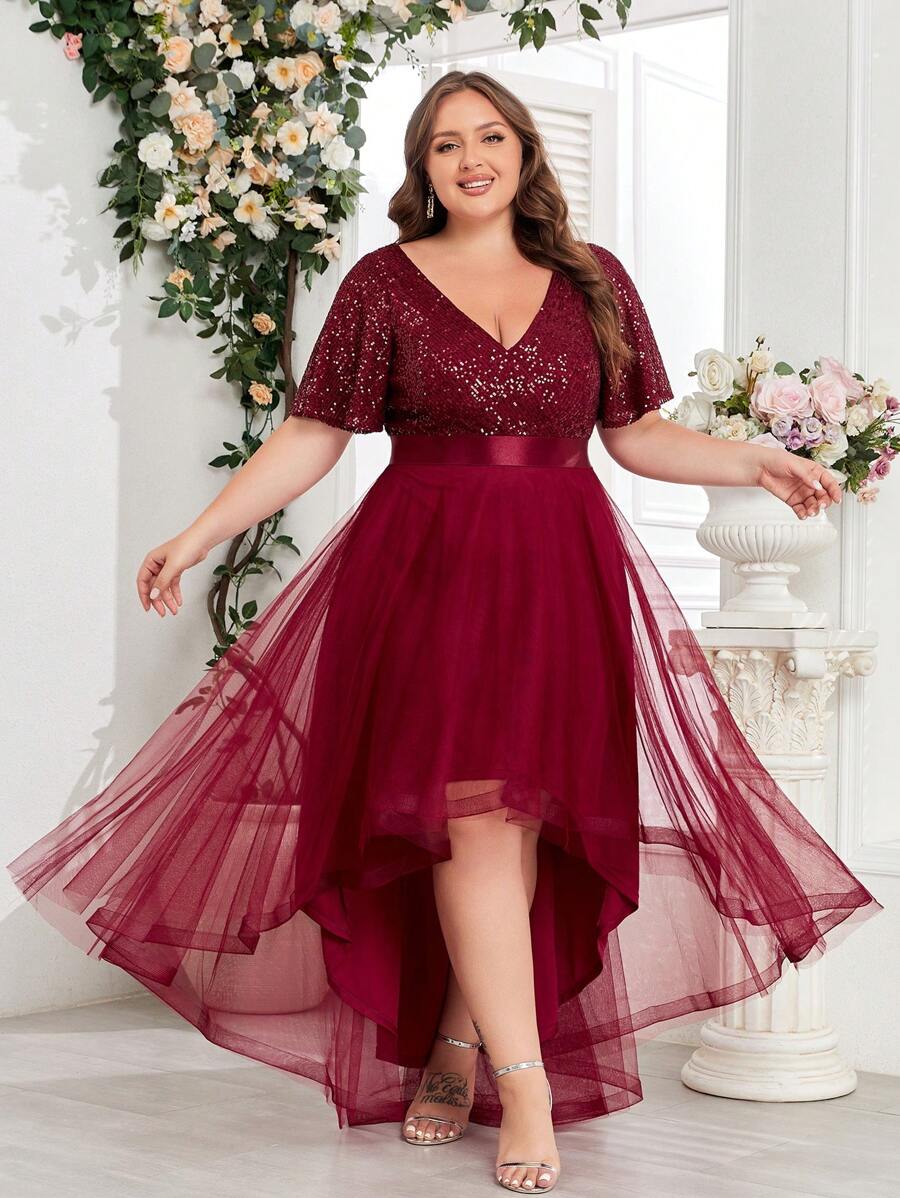 夏季加大码V领荷叶袖撞色亮片高低摆网纱酒红色晚礼服，优雅正式舞会礼服，婚礼宾客礼服，毕业典礼、晚宴、节日晚宴春季服装 - 酒紅色 - 查看 1