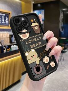 1 pieza Funda de teléfono a prueba de golpes con diseño de osito de peluche y patrón de té boba, compatible con Apple/Redmi/Infinix/Vivo/Oppo, versión internacional a prueba de agua, resistente a caídas y arañazos, no la versión nacional - Negro - Ver 3