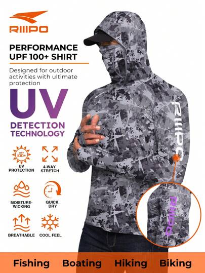 RIIIPO Spring And Summer Men's UPF 100+ Sun Protection Shirt With UV Detection Technology, Performance Fishing Shirt, Active Sweat Wicking, Rapid Drying, Breathable, 4-Way Stretch, Light Weight, Wrinkle Resistant, Extended Long Sleeves, Outdoor Sports Rash Guard With Hoodie, Foldable And Windproof Gaiter, Thumbholes, Built-In Microfiber Lens Cleaner, Suitable For Beach, Boating, Hiking, Hunting, Water Sports