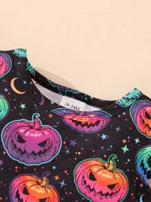 Jong meisje pompoen print kapmouw casual jurk, Halloween