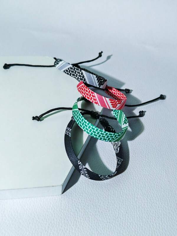 4pcs Casual Arabic-Style Geometric Pattern Woven Bracelets Set For Men And Women