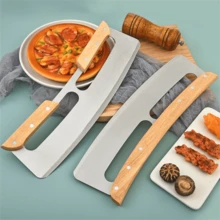 Wooden Handle Half Moon Pizza Cutter With Dual Handles, Stainless Steel Rocking Bread Knife For Baking - Khaki - View 6