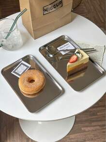 1/2件装ins风甜点盘，304不锈钢金属托盘，长方形蛋糕甜点盘，适合下午茶、咖啡馆、咖啡角和花园聚会 - 銀色 - 查看 4