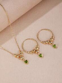 3Pcs Saudi Arabia National Day Green Love Beaded Gold Plated Ladies Jewelry Sets Cute Simple Necklace Earrings Holiday Accessories Gift - Green - View 2