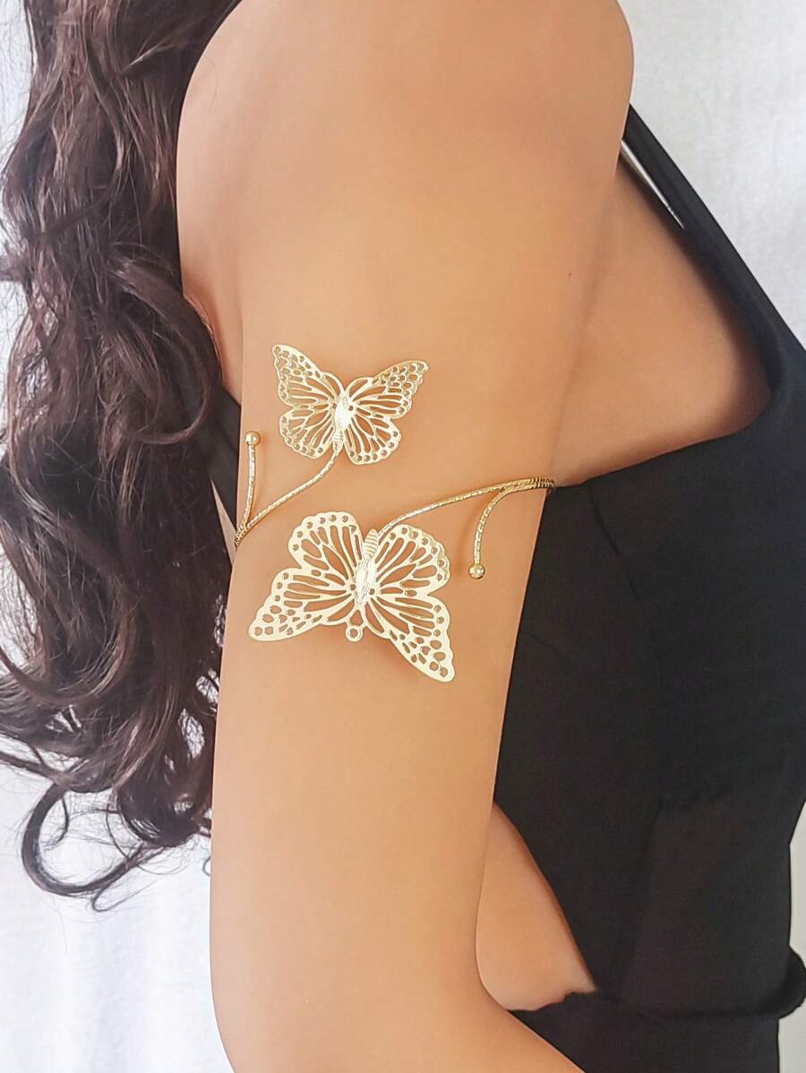 Brassard de bras avec fleur et papillon en métal, bracelet de bras élégant pour femme pour la plage et les stations balnéaires, essentiel pour la rentrée scolaire, l'été, les bijoux, les festivals et les accessoires - Doré - Voir 1