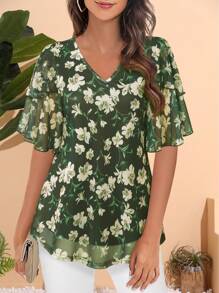 CheersLife Women's 3/4 Sleeve Blouses And Tops Business Dressy  Casual Shirts Double Layers Mesh Tunics Tops - Olive Green - View 4