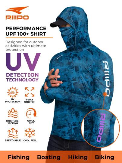RIIIPO 春夏男士 UPF 100+ 防晒衬衫，配备紫外线检测技术，高性能钓鱼衬衫，主动排汗，快速干燥，透气，四向拉伸，轻质，抗皱，加长袖，带帽的户外运动防晒衣，可折叠防风绑腿，拇指孔，内置超细纤维镜片清洁剂，适用于海滩、划船、徒步旅行、狩猎、水上运动