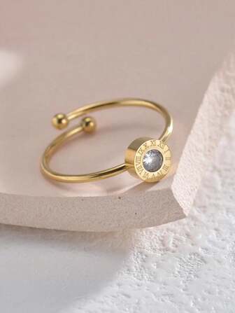 1 件时尚不锈钢罗马数字戒指，带水钻，适合女性日常佩戴