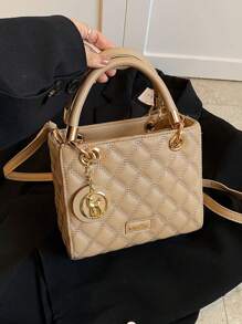 女士大容量手提包，奢华女包，卡其色刺绣菱形斜挎包 - 卡其色 - 查看 2