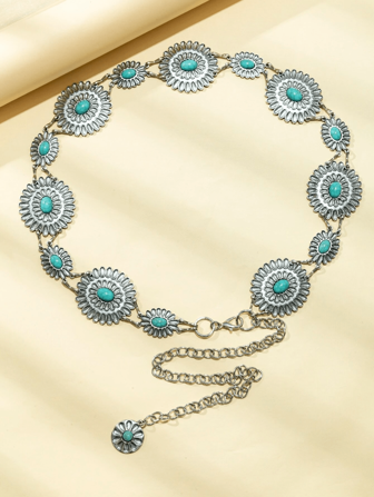 1PC Western Chain Belt Turquoise Body Chain Silver-Tone Pendant  Fashion Metal Waist Chain With Daisy, Petal & Flower Design For Girl's Dresses And Clothing, Belt Chain