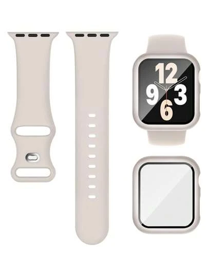 2 件/套星光色可爱柔软硅胶运动表带和二合一屏幕保护膜超薄钢化膜表壳，适用于 表带 38/40/41/42/44/45/46/49mm，Series Ultra/SE/11/10/9/8/7/6/5/4/3/2/1，智能手表表壳配件