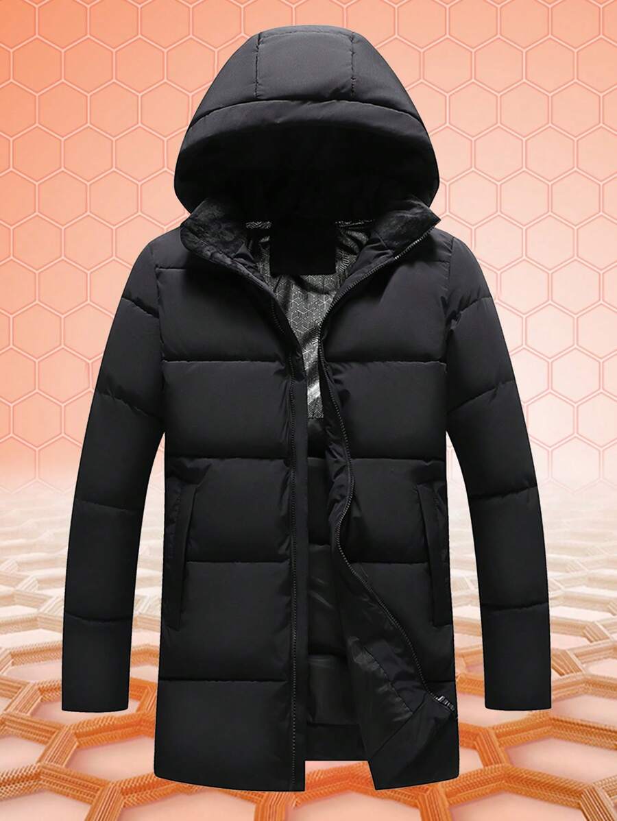 Men's Mid-Length Cotton Padded Hooded Jacket Coat - Black - View 1