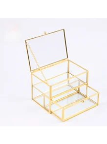1PC Glass Jewellery Box Clear Trinket Box Vanity Rings Earrings Box Organizer Display Case Decorative Keepsake Box With Lid For Home Wedding Birthday Gift (Gold)-(Chain Style Is Random) Back To School